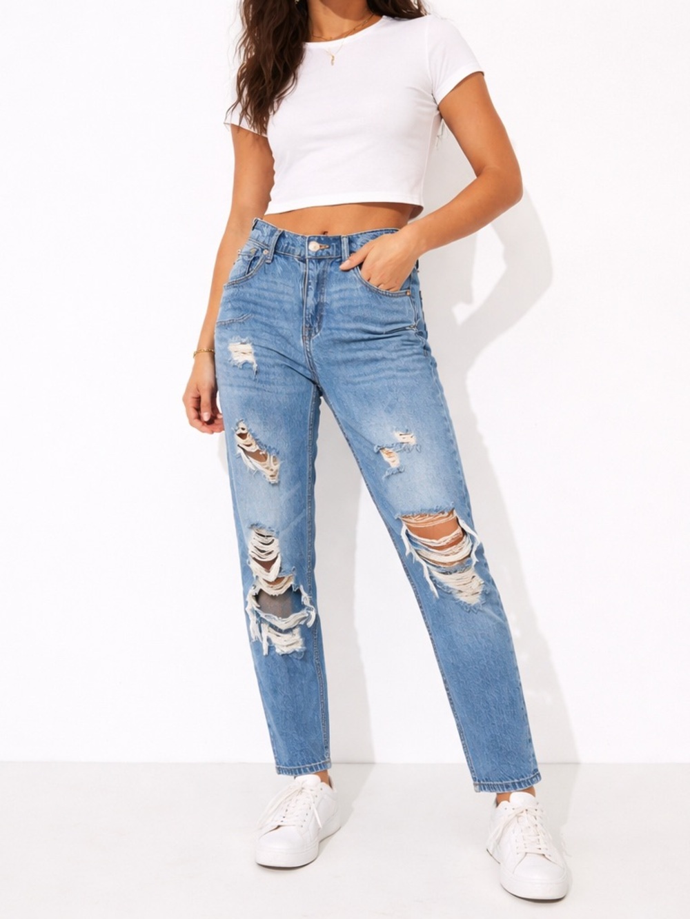 Aeropostale Distressed Mom Jeans High Rise Blue Womens Size 4